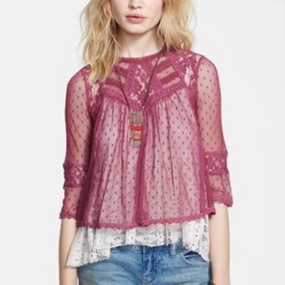Free People Modern Romance Sheer Lace Peplum‎ Top Blouse in Rutabaga Mauve XS